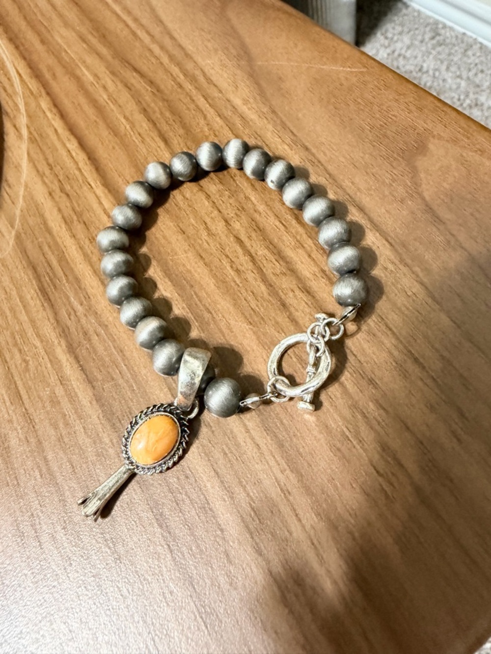 Silver-Tone Beaded Bracelet with Orange Stone Charm